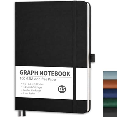 RETTACY Graph Grid Paper Notebook, 96 Pages, B5 Medium Size (7.6'' x 10''), 5 Squares per Inch, Leather Hardcover, 100 GSM Thick Paper, for School, Students, Math, Engineering (Black)