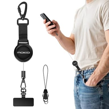 MoKo Anti-theft Phone Tether, Phone Lanyard Retractable Steel Line Cellphone Strap with Locking Carabiner and Metal 360° Tether Tab for Outdoor Skiing Hiking Climbing Fishing, Black