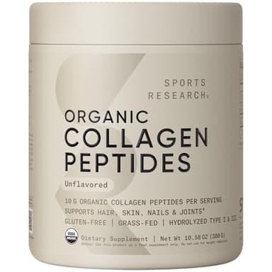 Sports Research® Organic Collagen Peptides - Hydrolyzed Type I & III Collagen Protein Powder Made Sustainably from Grass-Fed Cows - USDA Organic· Non-GMO · Gluten Free - Unflavored, 30 Servings
