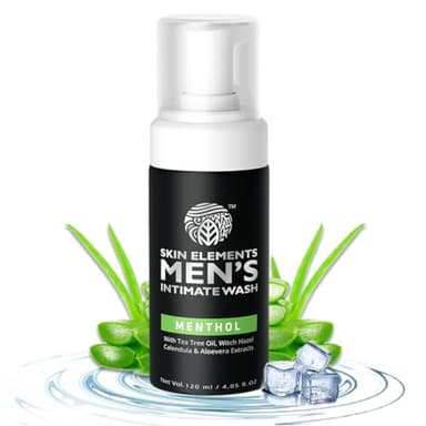 Skin Elements Intimate Wash for Men with Menthol | pH Balanced Foaming Intimate Wash | Jabon Intimo Hombre | Controls Bad Odor and Sweat | Cools and Refreshes Intimate Area | 4.05 fl. Oz.