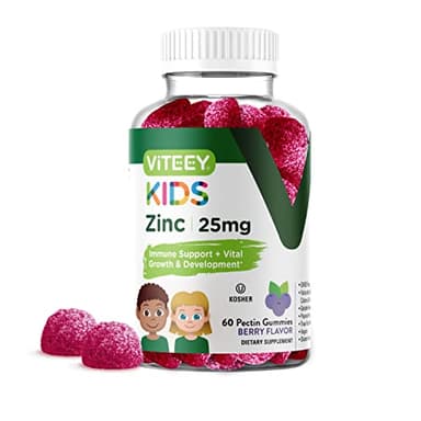 Viteey Zinc for Kids Gummies, 25mg - Immune Support - Powerful Natural Antioxidant, Kids Zinc Vitamin Supplement - Vegan, Gelatin Free, Gluten Free - Tasty Chewable Berry Flavor Gummy