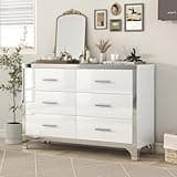 Merax 6 Drawer Wood Dresser for Bedroom, Modern High Gloss Mirrored Closet Chests with Metal Handle, Office Storage Cabinet Furniture, White