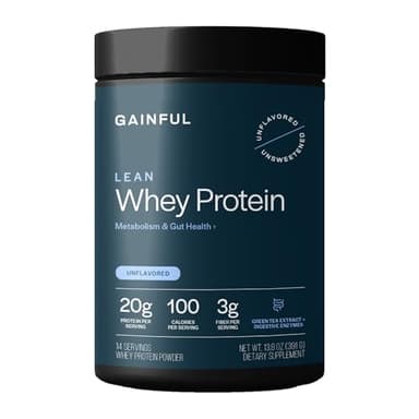 Gainful Lean Whey Protein Powder with 20g Protein per Serving, Unflavored, Supports Lean Muscle, Metabolism, and Satiety, with Green Tea Extract, Digestive Enzymes, Organic Fiber, 14 Servings
