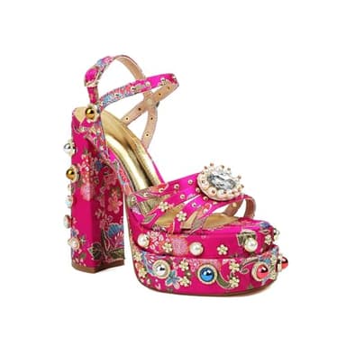 Feinlina Rhinestone Platform Chunky Heels for Women Open Toe Ankle Strap Dress Pumps with Gems Green Pink Floral Print Embroidery Wedding Party Sandals,Pink