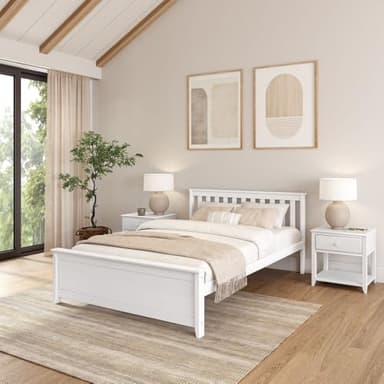 Plank+Beam Solid Wood Queen Bed Frame, Platform Bed with Headboard, White