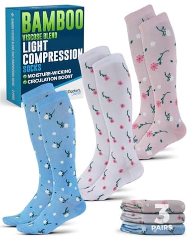 Doctor's Select Bamboo Viscose Light Compression Socks for Women & Men - 3 Pairs, Knee High Comfort and Support, 8-15 mmHg Bamboo Compression Socks Women, Flowers (White, Light Blue, Peach)