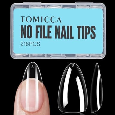 TOMICCA Almond Nail Tips, Medium Almond Acrylic Nail Tips, 216Pcs Full Cover Clear Nails, Nail Extension Tips for Nail salon and DIY at Home