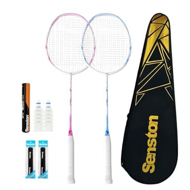 Senston 5U Carbon Fiber Badminton Racket Set for Backyards, 2 Players Badminton Set Includes 12 Shuttlecocks, 2 Overgrips & Portable Bag - Lightweight Racquet for Couples, Family, Adults & Beginners