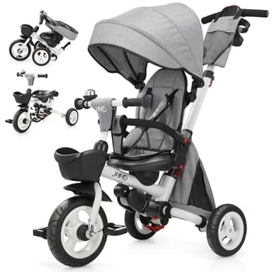 JMMD 8 in 1 Tricycle Stroller with Push Handle, Foldable Trike with 360° Swivel Seat, Reclining Backrest, All-Terrain Wheels, Dual Brakes, Canopy & Storage, Gift for Kids 18 Months to 5 Years, Gray