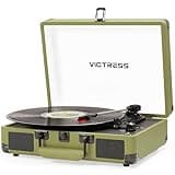 Record Player with Speakers, Bluetooth Vinyl Record Player with Recording, 3 Speed Portable Suitcase LP Player, Belt Drive Turntable, RCA/AUX/Headphone Jack, Green