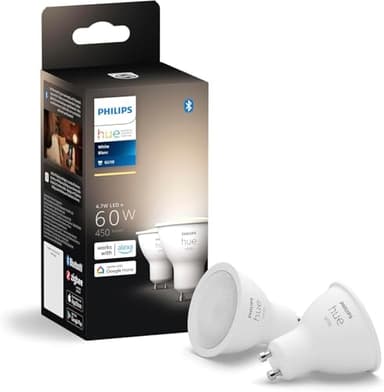 PHILIPS Hue Smart 60W GU10 LED Bulb, White Light, 2 Pack, 450LM, Indoor Light Bulbs, Control with Hue App, Compatible with Alexa, Google Assistant and Apple HomeKit