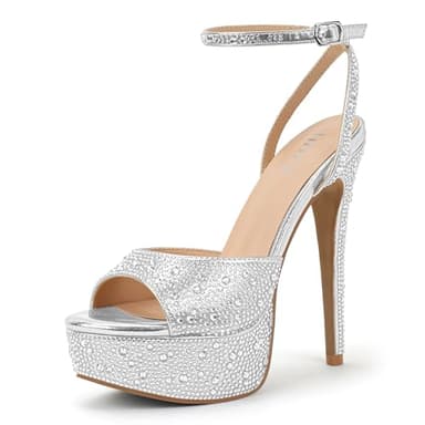 IDIFU IN6 Women's Rhinestone Platform High Heels Stiletto Peep Toe Sexy Sparkly Heeled Sandals Glitter Diamond Ankle Strap Prom Party Wedding Bridal Bride Dress Shoes Heels(Silver Rhinestone, 8.5)