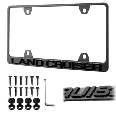 LAND CRUISER License Plate Frame – Stealth Black Powder Coat UV Resistant STAINLESS METAL Plate Holder - One Piece - Compatible with 1951-2025 LandCruiser (3D RAISED LETTER with MOUNTING HARDWARE)