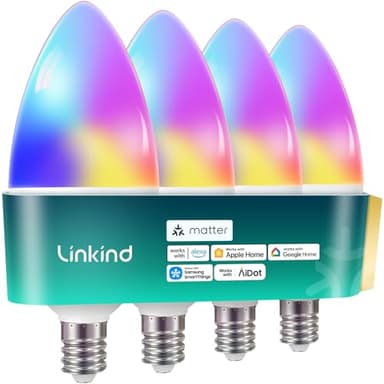 Linkind Matter Smart Bulbs, E12 Led Bulb Works with Alexa/Apple Home/Google Home, Smart Light Bulbs, WiFi Candelabra B11 Bulbs, RGBTW Color Changing Light Bulb, 2.4Ghz WiFi Bulb, 470 LM 4 Pack