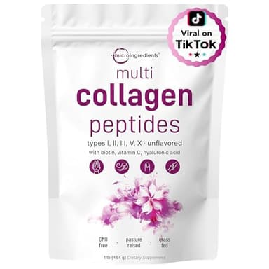 Micro Ingredients Multi Collagen Peptides Powder, 1lb – Hydrolyzed Type I,II,III,V,X with Biotin, Hyaluronic Acid, Vitamin C – Unflavored Collagen for Women & Men, Easy Dissolve, 41 Servings