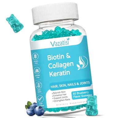 Biotin Gummies with Collagen & Keratin for Hair Skin Nails- Supports Hair Growth and Stronger Nails, Women Men, Kids - 60 Blueberry Flavored Gummies