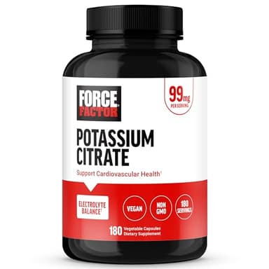 Force Factor Potassium Citrate, Potassium Capsules to Support Cardiovascular Health, Promote Electrolyte Balance, and Boost Hydration, Ideal for Athletes, 180 Vegetable Capsules