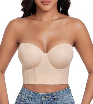 DotVol Women's Longline Strapless Full Figure Underwire Corset Bustier Bra(Beige,34DD)