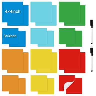 Dry Erase Sticky Notes 6 Colors Washable Reusable Sticky Note, 2 Size 24Pcs Mini Whiteboard Stickers for Smooth Surfaces Planning Lists Schedule Reminder with 2 Pens (3''×3'',4''×4'')