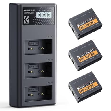 K&F CONCEPT 3-Pack NP-W126 NP-W126S Battery and Upgraded 3-Slot X Half Battery Charger Compatible with Fujifilm XM5, X Half, Xe5, X100VI, X100V, XS10, XT30, XT30 II, XT20, XE4, A5 Cameras