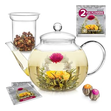 Teabloom Stovetop & Microwave Safe Glass Teapot with Removable Loose Tea Glass Infuser – Includes 2 Blooming Teas – 2-in-1 Tea Kettle and Tea Maker – Tea Purist's Choice