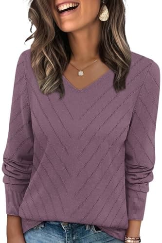 WIHOLL Womens Tops Long Sleeve V Neck Sweaters Fall Outfits for Women 2026 Trendy Casual Loose Fit Fashion Clothing Soft Ribbed Knit Lightweight Pullover Jumper Tops Spring Clothes Grey Purple XL