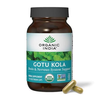 ORGANIC INDIA Gotu Kola Herbal Supplement - Adaptogen for Brain & Nervous System Support, Vegan, Gluten-Free, Kosher, USDA Certified Organic, Non-GMO, Calming, Mental Clarity - 90 Capsules