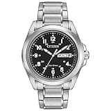 Citizen Men's Eco-Drive Weekender Garrison Field Watch in Stainless Steel, Black Dial, Arabic Markers, Luminous, 43mm (Model: AW0050-82E)