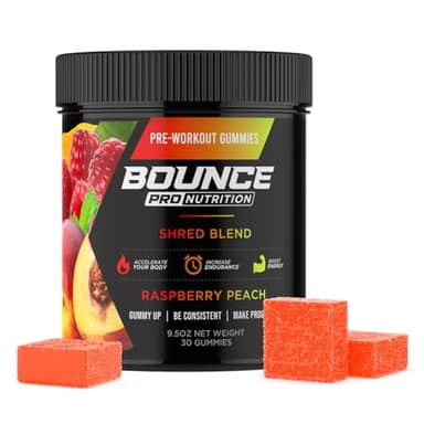 Bounce Pro Shred Blend Pre Workout Gummies – Raspberry Peach – 30 Vegan Gummies with 260mg Caffeine, Ashwagandha & L-Theanine for Energy, Focus & Endurance (30 Count (Pack of 1), Raspberry Peach)