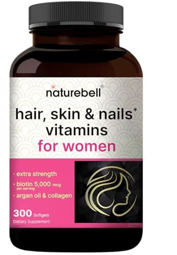 NatureBell Hair, Skin & Nails* Vitamins for Women – 5000mcg Biotin, Collagen, Keratin, Hyaluronic Acid, Argan Oil & B‑Complex – 21‑in‑1 Formula with MCT Oil, 300 Softgels (100 Days Supply)