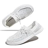 BELOS Women's Rhinestone Lace Up Loafers Shoes Comfortable Slip On Mesh Knit Walking Shoes Fashion Lightweight Sparkly Glitter Sneaker(White,11