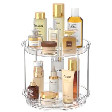 360 Rotating Makeup Organizer – 2 Tier Lazy Susan Turntable Organizer, Clear Bathroom Counter Organizer for Vanity, Spinning Skincare Perfume Tray for Bathroom, Dresser, Kitchen Cabinet