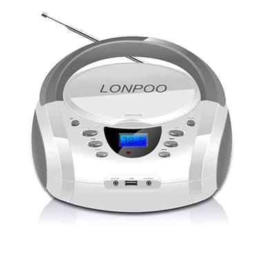 LONPOO CD Players Portable Boombox with FM Radio/USB/Bluetooth/AUX Input and Earphone Jack Output, Stereo Sound Speaker & Audio Player,White