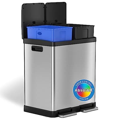 iTouchless SoftStep 60 Liter / 16 Gallon Step Trash Can & Recycle Bin with Activated Carbon Filter Deodorizers, Stainless Steel, 2 x 8 Gallon (30L) Color-Coded Buckets, Soft Close and Airtight Seal