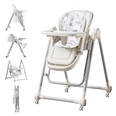 5 in 1 Baby High Chair Swing Combo - Foldable Baby High Chair with Removable Washable Soft Cushion and Tray, Adjustable Height & Recline, Lockable Wheels for 6-36 Months Infants Boys Girls