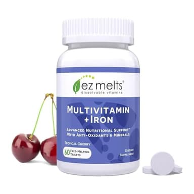 EZ Melts Multivitamin + Iron - Daily Multivitamin for Women & Men - Supports Healthy Energy Levels & Antioxidant Protection - Non-GMO & Vegan - Tropical Cherry - 60 Dissolvable Tablets (30 Servings)