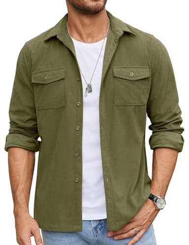 COOFANDY Men's Button Down Waffle Shirt Jacket Casual Long Sleeve Shacket Lightweight Overshirts with Flap Pockets