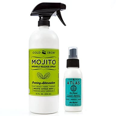 Cold Iron Wrinkle Release Spray for Clothes. 32 fl oz. Citrus Mint & Atlas Travel Size 3 fl oz Sea Breeze. Fast, Easy to Use Ironing Alternative. Spray, Smooth, Hang. Award Winning
