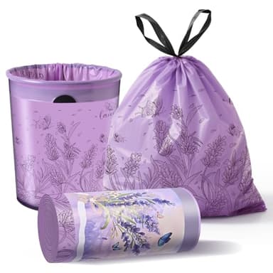 Thryoss Lavender Scented Small Garbage Bags,Trash Bags 4 gallon Drawstring For Bathroom,Office,Bedroom,Car,Suitable for 2-4 gallon trash can,colorful Print,purple,50 Counts