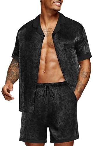 Ekouaer Men Satin Silk Pajamas Set with Pockets Sleepwear Shorts Satin Summer Loungewear 2 Piece Button Down Set S-3XL