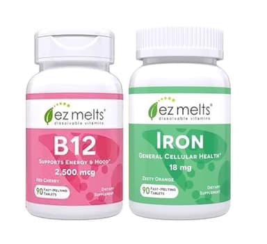 EZ Melts B12 Sublingual Vitamin and Iron Supplement Bundle, Sugar Free, 3-Month Supply