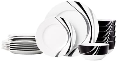 Amazon Basics 18-Piece Complete Kitchen Dinnerware Set, Microwave and Dishwasher Safe, Plates, Dishes, Bowls, Swirl, Heat Resistant, Service for 6, Everyday Use