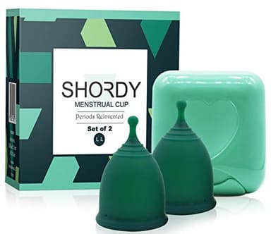 SHORDY Reusable Menstrual Cups (Large) Set of 2 with Mini Box, Medical Grade Silicone, Coupe Menstruelle, Safe Period Cup, Heavy Flow Kit, Feminine Hygiene, Tampons, Pads & Disc Alternative (Green)
