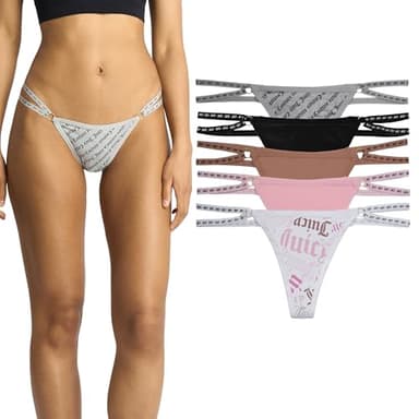 Juicy Couture Women's Strappy Stretch Logo Thong Underwear Set, 5-Pack (US, Alpha, Small, Regular, Regular, JC Old English/Lola Pink/Coco Kiss/Black/JC Old English Heather)