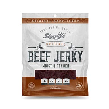 Sharifa Halal Beef Jerky, Original, (1) 2.85 oz. Bag – Great Everyday Halal Jerky Beef Meat Snack, 100 % Real Zabiha Halal Beef, 13g of Protein, 70 Calories, 0g Trans Fat, & 2g of Carbohydrates