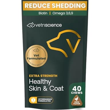 VetriScience Extra Strength Healthy Skin & Coat Chews, Omega Plus Supplement for Dogs, with Balanced Omega 3, 6, 9, Fish Oil and Biotin, Skin Health, Coat Growth and Shine, Duck, 40 Count