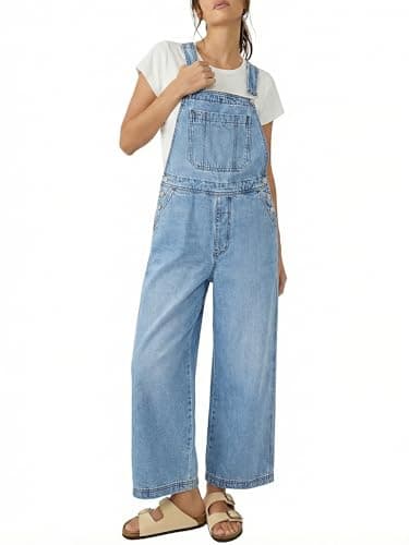 PEIHOT Womens Comfy Bib Denim Jumpsuit Wide Leg Jean Overalls Adjustable Strap Work Romper Spring Summer 2026 Blue