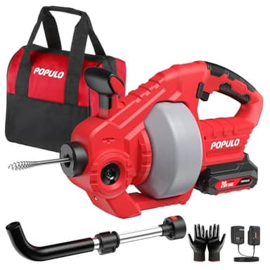 POPULO 20V Cordless Electric Drain Snake, 25Ft Replaceable Cable with 2.0Ah Battery, Extension Tube & Charger, Snake Drain Clog Remover Tool for Toilet, Floor Drain, Sink and Shower 3/4"-2" Pipe