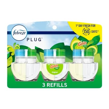 Febreze Plug-In Air Freshener, Odor-Fighting Scented Oil Refill, Air Fresheners for Home, Bathroom and Kitchen, Long Lasting, Gain Original Scent, 0.87oz Refills, Blue and Green, 3 Count