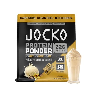 Jocko Fuel Whey Protein Powder, Vanilla Milkshake, 22g Protein, Digestive Enzymes + Probiotic Blend, No Sugar Added, with Essential Amino Acids + Electrolyte Minerals, 28 Servings